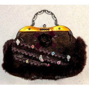 Sassi Cindi Collection Unique Brown Handbag Purse Furry Tapestry Boho Crossbody